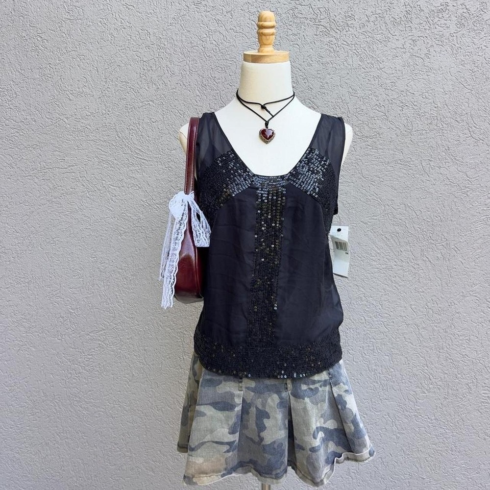Y2K DKNY 100% Silk Black Sequin Blouse Double‎ Layered $325 NWT